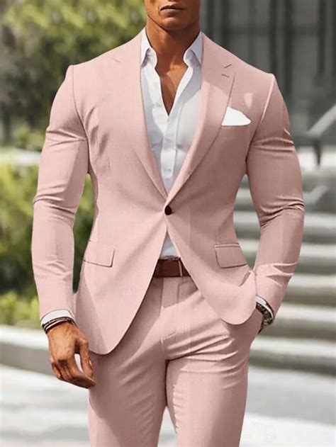 Men's Wedding Casual Linen Suits Notch Lapel pea green Pink Solid ...