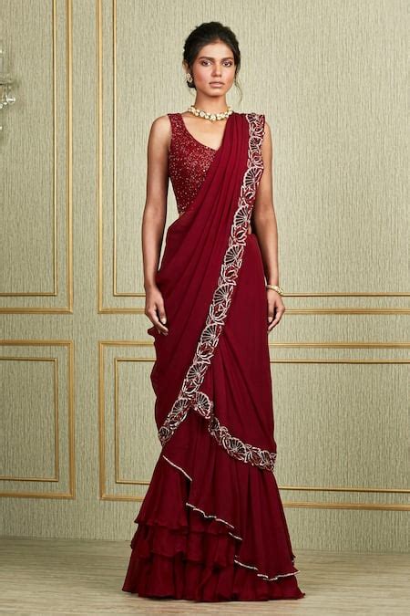 Buy Maroon Organza, Chiffon, Tussar V Neck Embroidered Lehenga Saree ...