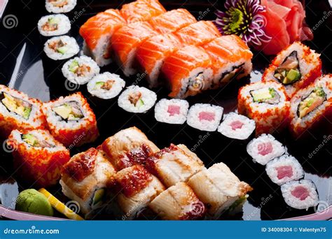 Different sushi rolls. stock photo. Image of sauce, food - 34008304