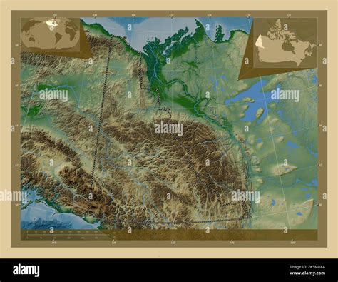 Yukon, territory of Canada. Colored elevation map with lakes and rivers. Corner auxiliary ...
