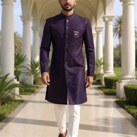 Dark Lilac Jacquard Self Design Semi-Indo Set – De Royal Mens Ethnic