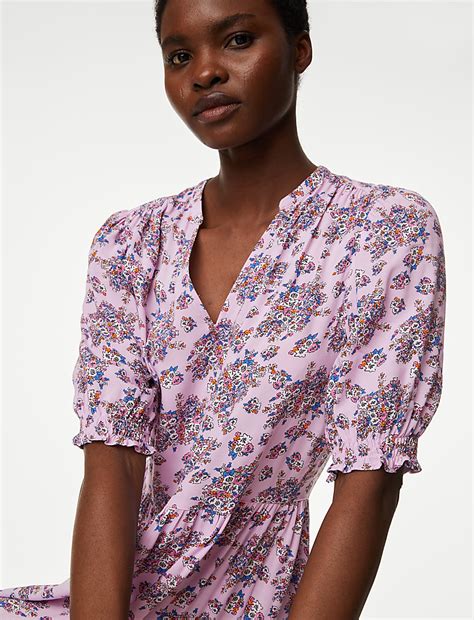 Buy Printed V-Neck Knee Length Tiered Dress at Marks & Spencer