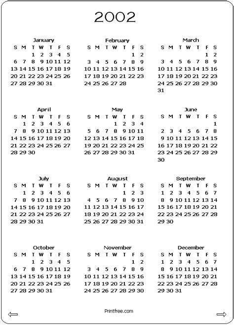 2002 Year Calendar