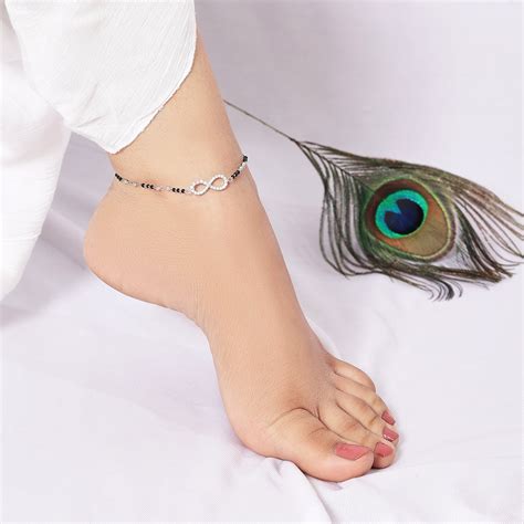 Cz Infinity Black Bead Silver Anklet