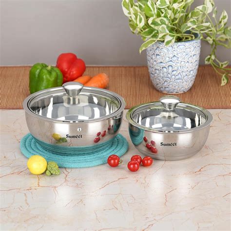 Buy Sumeet Stainless Steel Casserole With Glass Lid | 2 Pieces-1 Liter ...