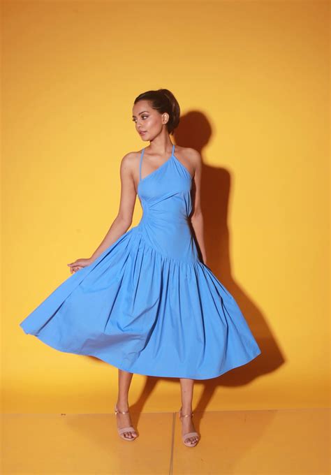 Slate blue midi dress with spaghetti straps and ruching detailing on t ...