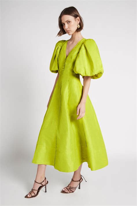 Dusk Puff Sleeve Midi Dress - 12 / CHARTREUSE GREEN | Puff sleeve midi ...