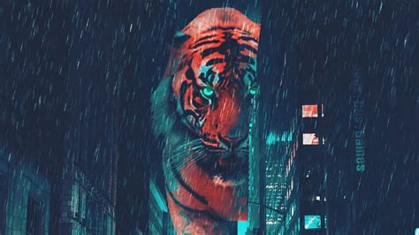 Download wallpaper 1366x768 tiger, night city, giant, street, neon ...
