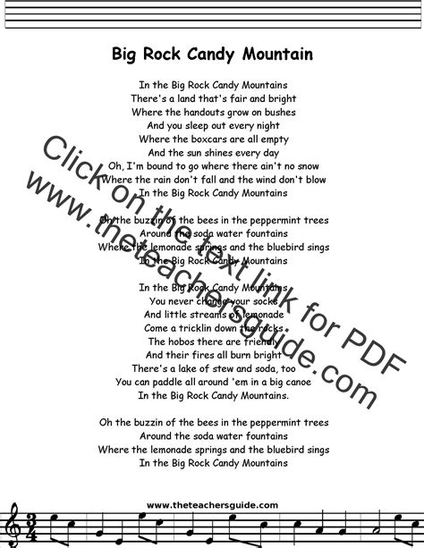 Big Rock Candy Mountain Lyrics, Printout, MIDI, and Video