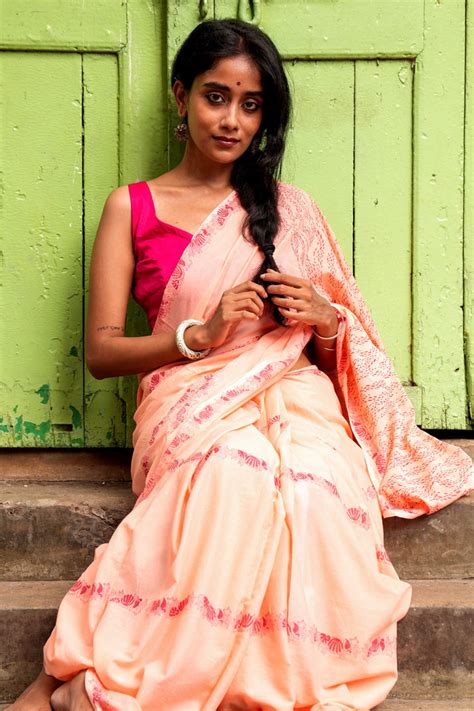 Sori • A soft peach saree with hand block printed motifs inspired by ...