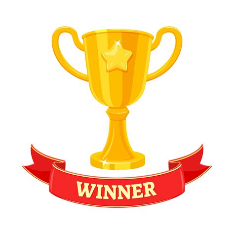 Golden cup of winner with star. Champion trophy with red ribbon. Leader ...