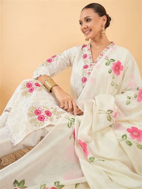 Pure Cotton Floral Embroidered Kurta with Trouser & Dupatta Kurta Set ...