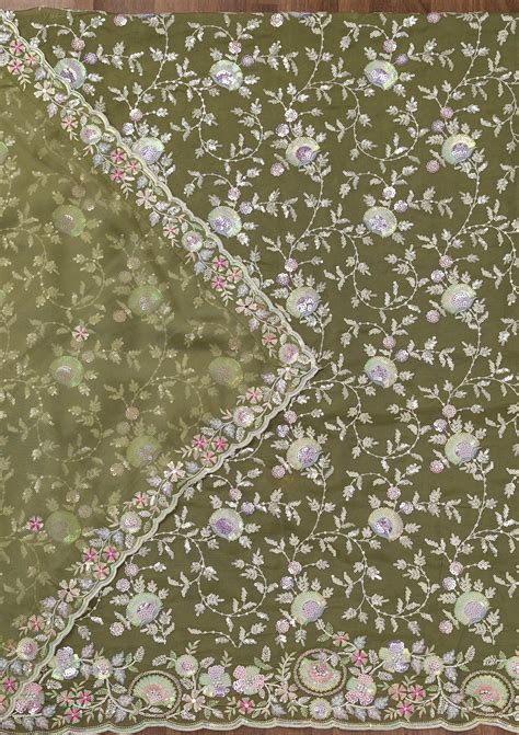 Buy Mehendi Threadwork Tissue Unstitched Salwar Suit - Koskii