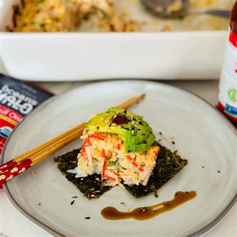 Easy Crab and Salmon Sushi Bake - Deliciously Rushed
