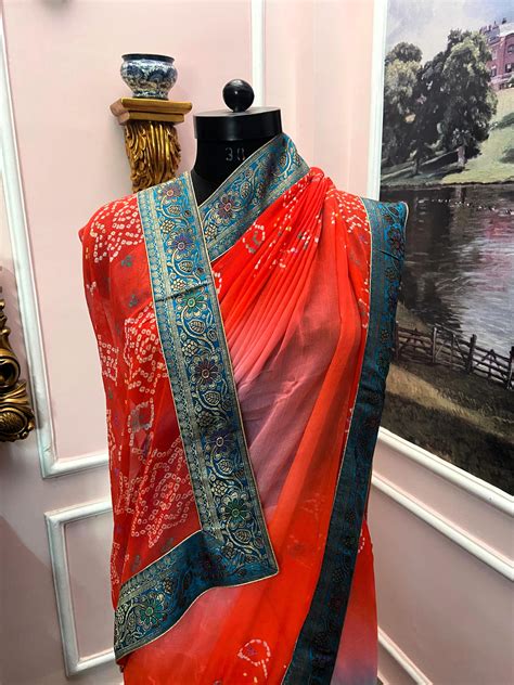 Red ombre bandhej antique border saree – Atelier Shikaarbagh