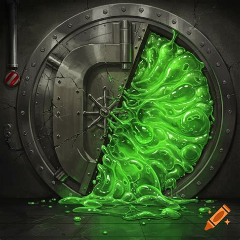 A large steel vault door is cracked open with bright green slime oozing ...