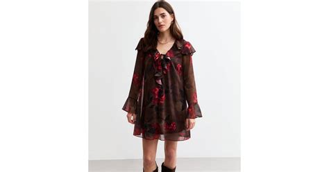 Brown Rose Print Ruffle Trim Long Sleeve Mini Dress | New Look