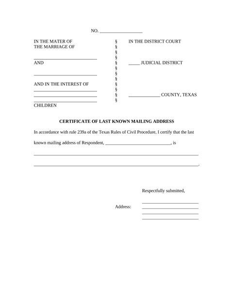 Texas Divorce Certificate of Last Known Mailing Address - Blank ...