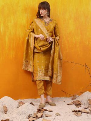 Buy BERRYLICIOUS Mustard Pure Banarasi Jacquard Hand Embroidered Kurta ...
