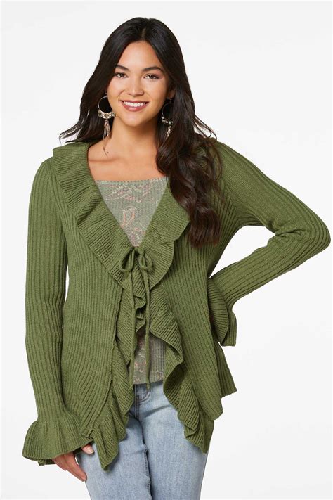 Green Ruffled Cardigan Sweater