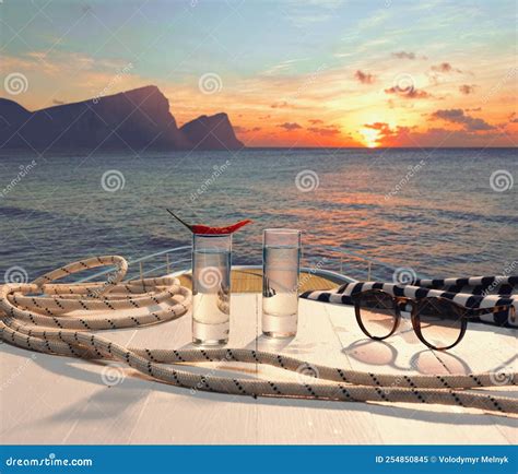 Evening Sea Trip. Two Shots of Vodka with Hot Pepper on Deck of Private ...