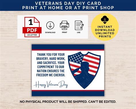 Happy Veterans Day Cards Printable, DIY Patriotic Veterans Day Postcard ...