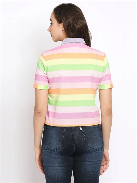 Being Human Crop Boxy Fit Women Polo Neck T-Shirts-Pink Multi Striper ...
