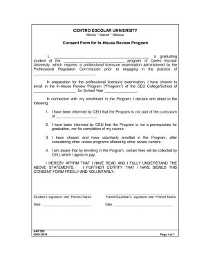 Fillable Online Consent Form for In-House Review Program - CEU Fax ...
