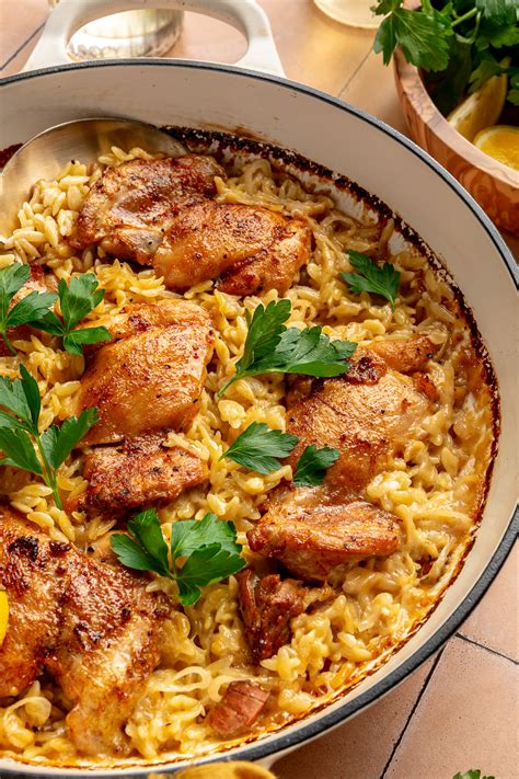One Skillet Crispy Chicken Thighs & Creamy Lemon Garlic Orzo - Brocc ...