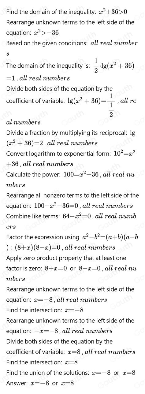 Solved: 6) 1/2 log (x^2+36)=1 [Math]