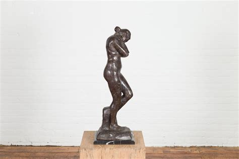 Lost Wax Cast Bronze Sculpture Inspired by Auguste Rodin's Eve on Marble Base For Sale at 1stDibs