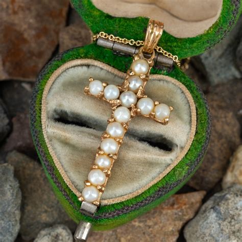 Seed Pearl Cross Pendant Necklace 14K Yellow Gold