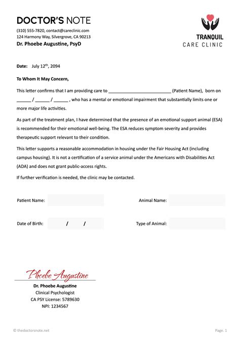 Emotional Support Animal (ESA) Letter - Edit & Print