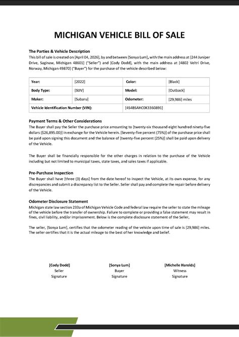 Bill Of Sale Michigan Template