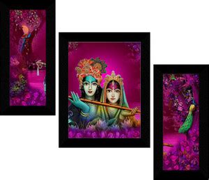 saf Radha Krishna Framed Set of 3 Ink 13.5 inch x 22.5 inch Painting ...