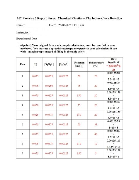 SOLUTION: Chem 102 exercise 3 chemical kinetics the iodine clock ...