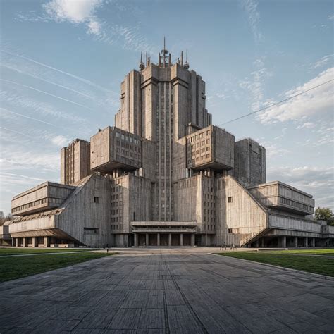 A Soviet style brutalist building with a sprawling, angular imposing ...