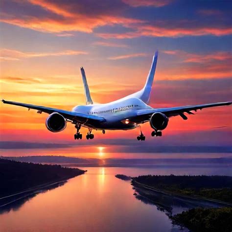 A plane is flying over the water and the sun is setting | Premium AI ...