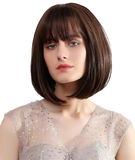 OSEN Dark Brown Short Bob Cut Hair Wig with Bang for Women Natural Look ...