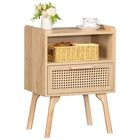 Lerliuo Rattan Nightstand, Boho Side Table with Drawer Open Shelf, Cane ...