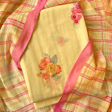 Mango Yellow Blooms & Knots Hand Embroidered & Printed Pure Mul Chande ...
