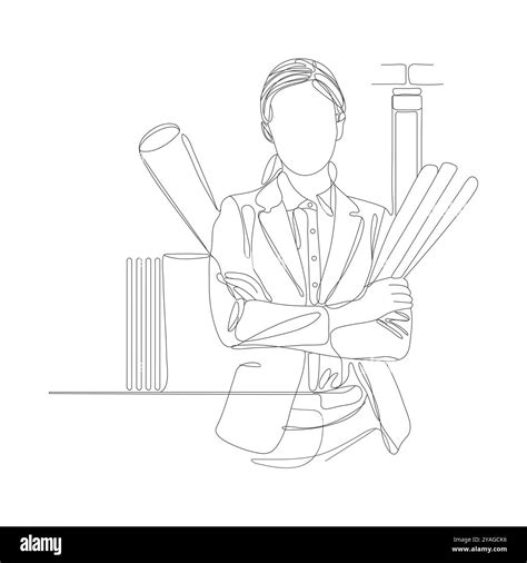 Single continuous line drawing of young female architect holding ...