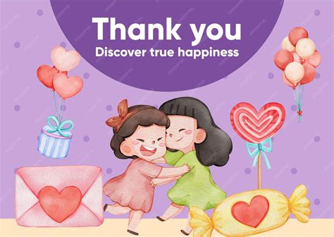 Thanks card template with girl child hug with love concpetwatercolor ...