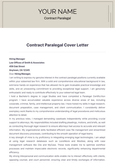 Free Contract Paralegal Cover Letter Template to Edit Online