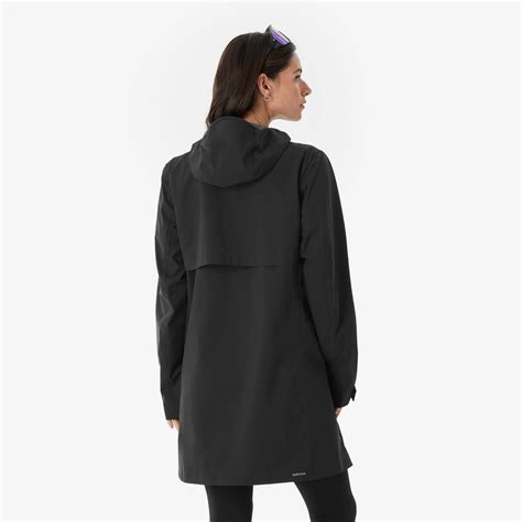 Women's long, lightweight waterproof hiking jacket, MH100 - Black