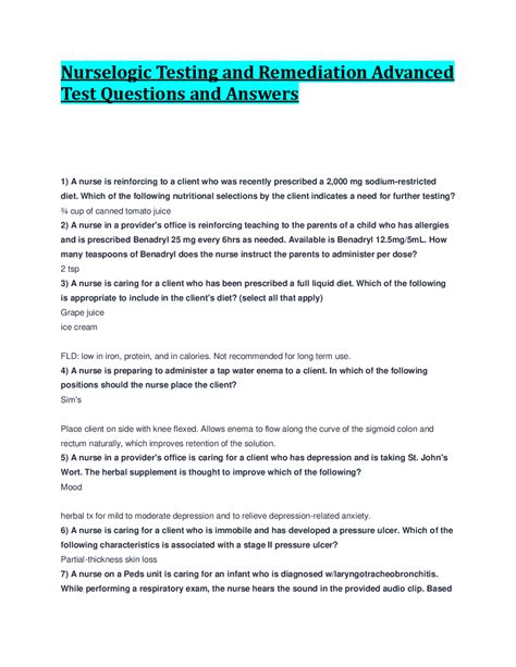 Nurselogic Testing and Remediation Advanced Test Questions and Answers ...
