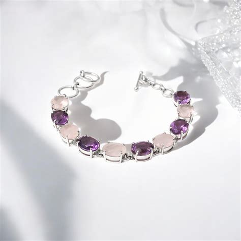 Elegant 925 Sterling Silver Natural Amethyst & Rose Quartz Chain Brace ...