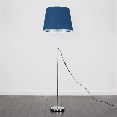 Modern Polished Chrome Metal Standard Floor Lamp With Navy Blue Shade