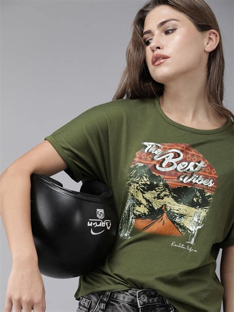 Buy Roadster Women Olive Green Graphic Printed Round Neck Pure Cotton T ...