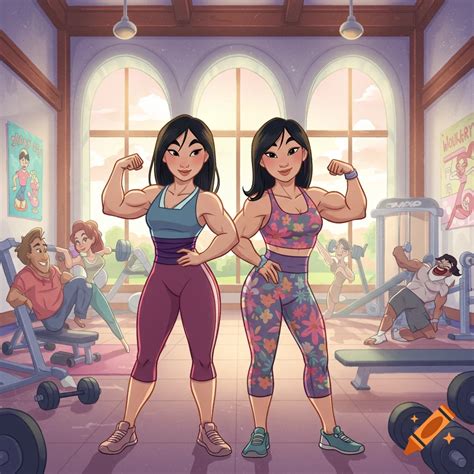 Two cartoon women, one muscular, flex their arms in a gym. on Craiyon